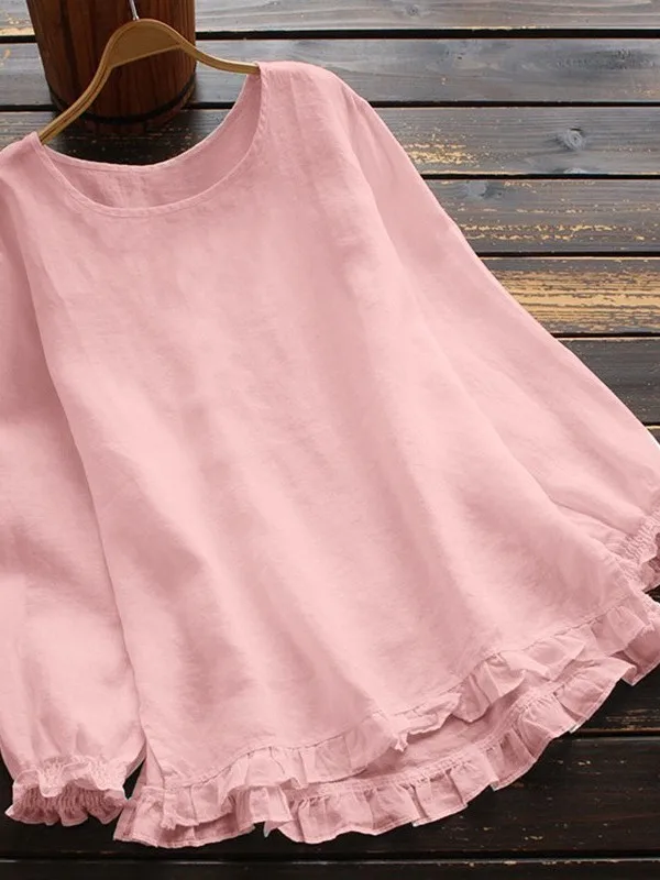 

Loose round Ne Long Sve irt Women's Comfortable Casual Pure Color Briti Sle Blouse with Lace Trim Ele Office Wear