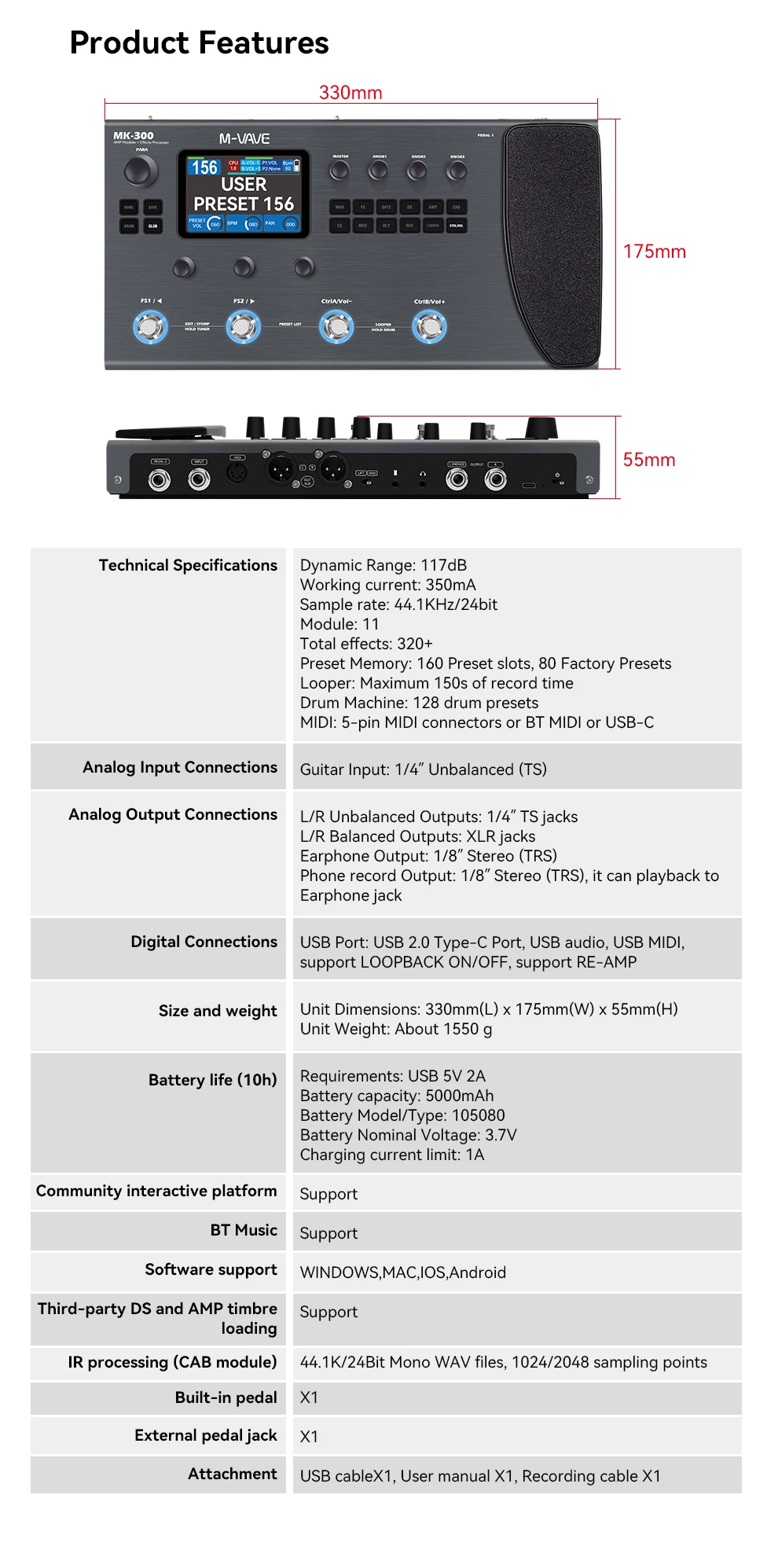 M-VAVE MK-300 Guitar/Bass Multi-Effects Processor - ANN Modeling, 320+ Effects, 160 Presets, USB Audio Interface, Drum Rhythms