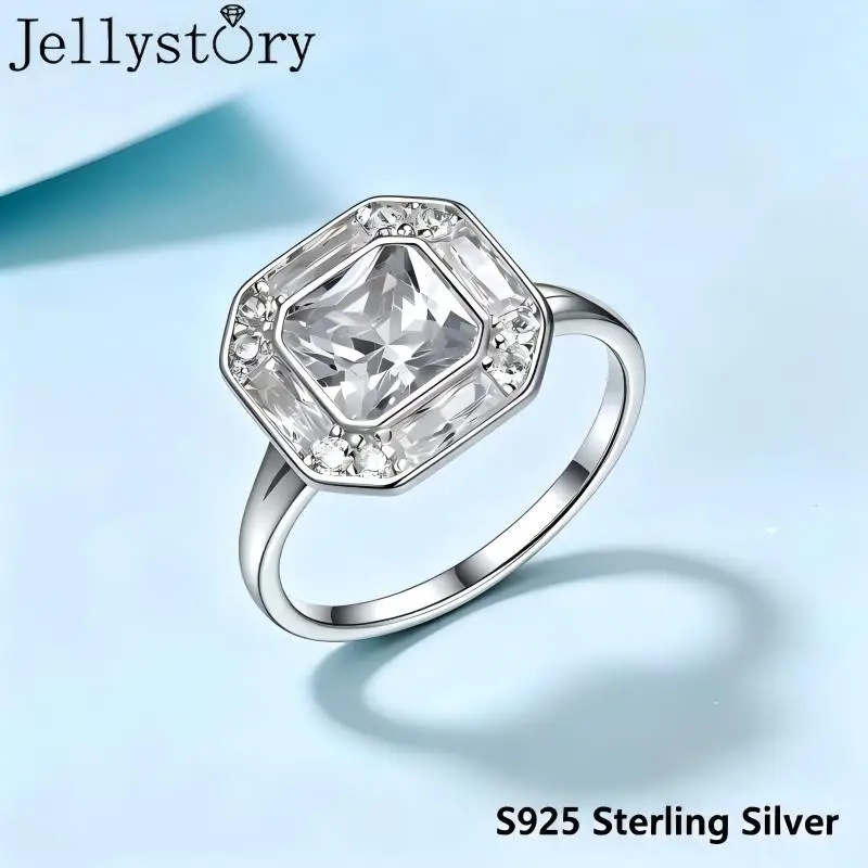 JellyStory Palace Style Octagonal Ring, S925 Sterling Silver Full Inlaid Moissanite, Exquisite Light Luxury Statement Model