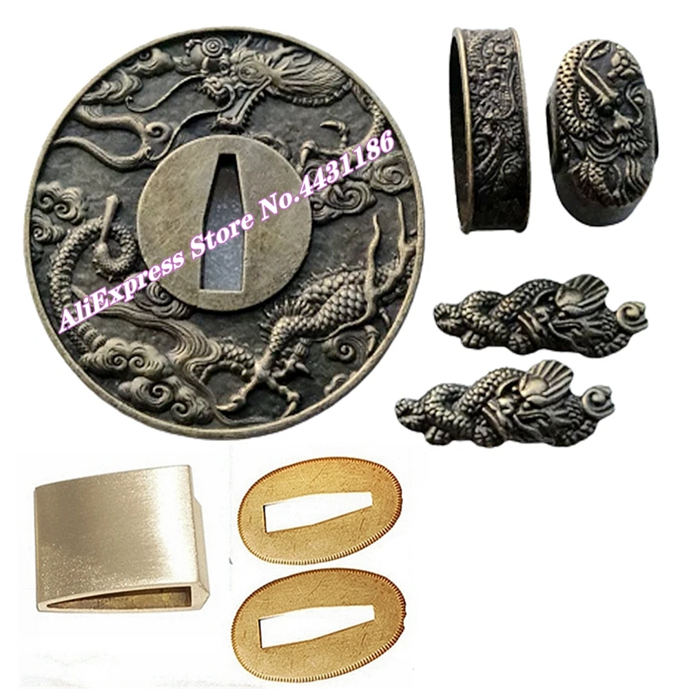 Dragon Theme Sword Guard for Katana/Wakizashi/Tanto Accessory Set Tsuba+Menuki+Fuchi+Kashira+Handle+Habaki+Seppa Metal Fittings