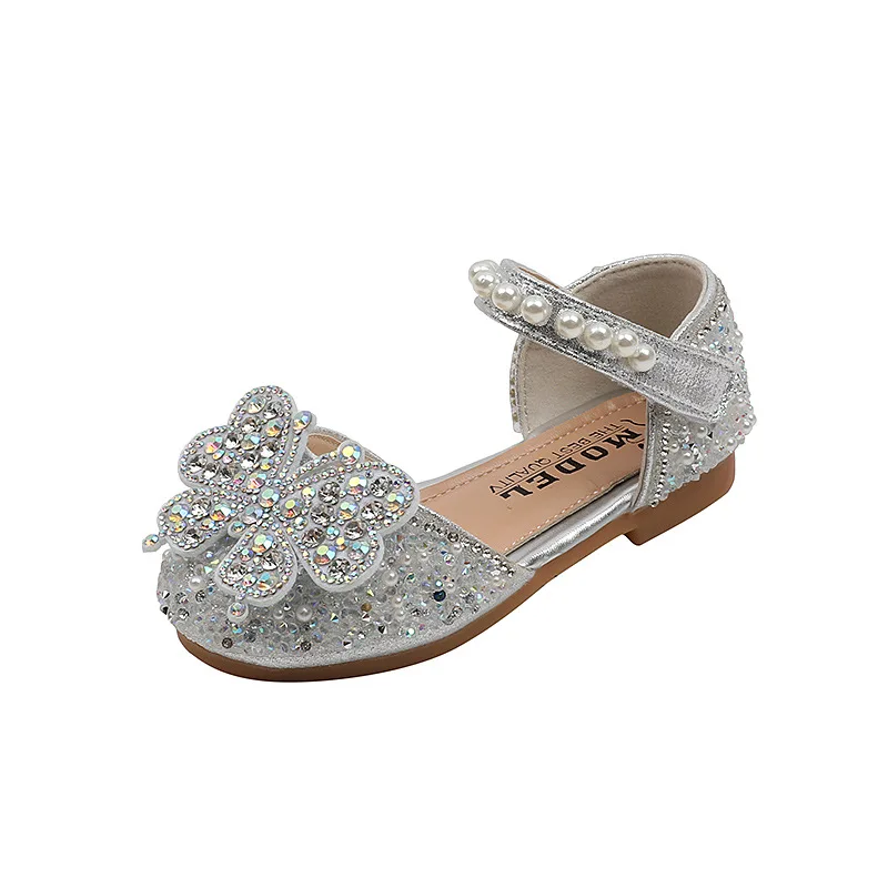 New Girls Sandals Bling Butterfly Princess Party Dance Shoes Student Flats Kids Performance Shoes Children Pearl Wedding H250