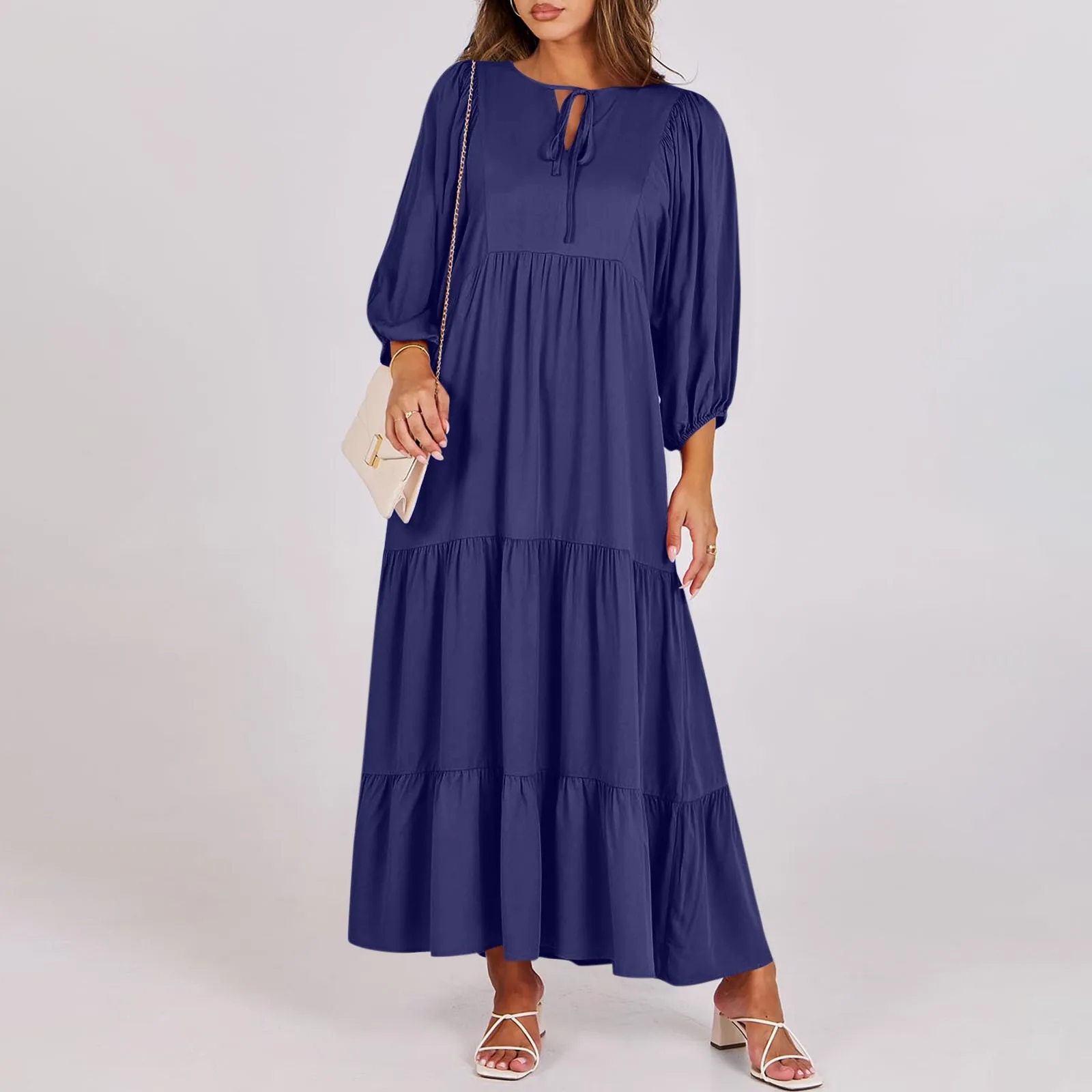 Chic Puff Sleeve Boho Maxi Dress Summer Solid Color Lazy Style Loose Casual Style Vacation Drawstring V-Neck Long Beach Dresses