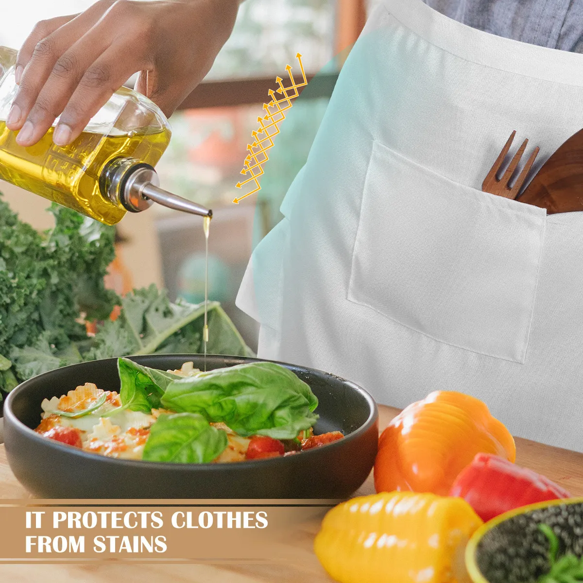 Floral Short Waist Kitchen Apron with Pocket for Cooking, Baking, Gardening, Waitress – White