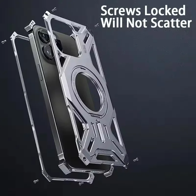 Magnetic Metal Edgeless Phone Case For Iphone 18 17 16 15 14 13 Pro Max 360 Rotating Stand With Magsafe Wireless Charging Case