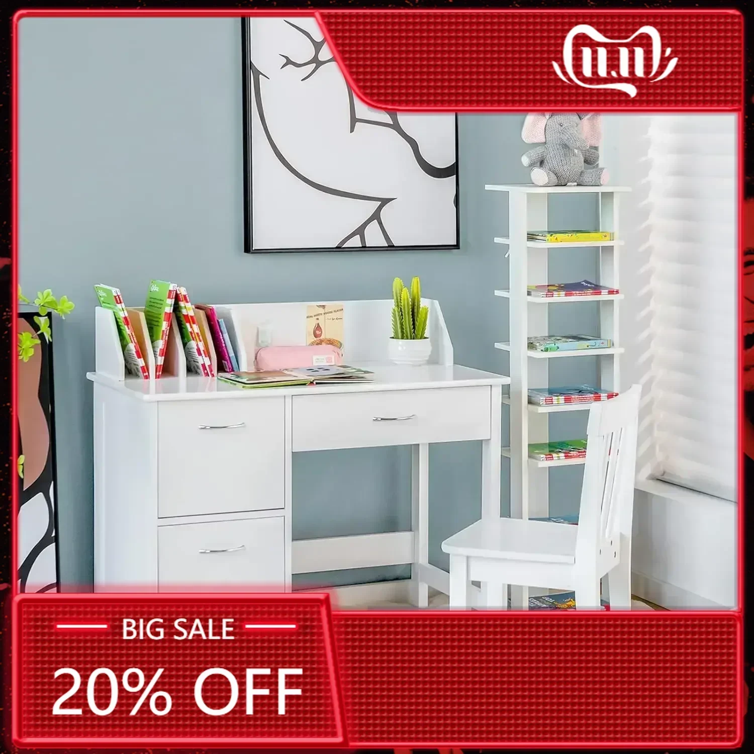 

Kids Desk and Chair Set, Children Wooden School Learning Table w/Drawer & Storage Cabinets, Student Writing Computer Workstation