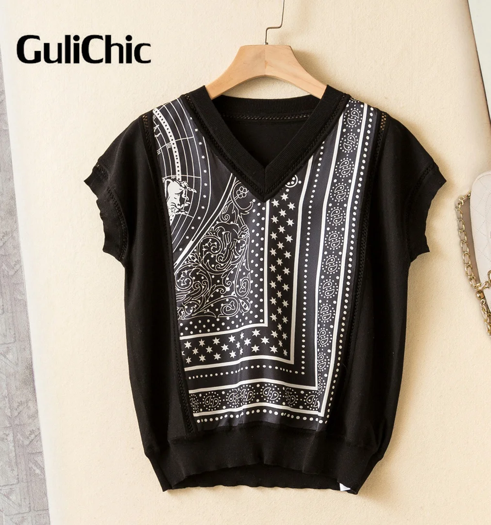 4.26 GuliChic Women's Temperament Silk Spliced Knitted Short Sleeve Tees Chic Pattern Print V-Neck Raglan Short Sleeve T-Shirt