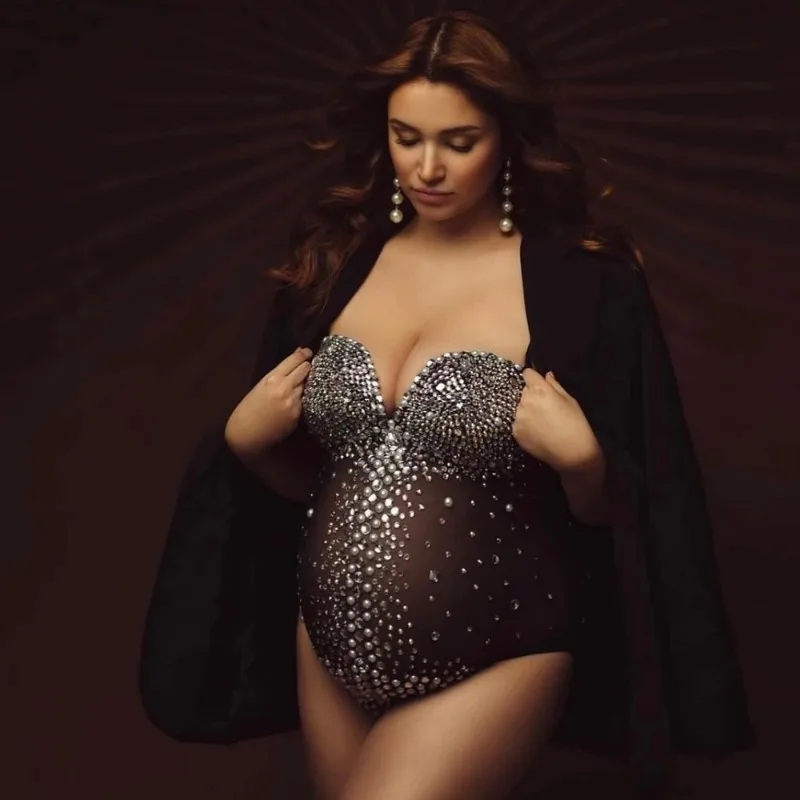 Luxurious Maternity Photography Bodysuit Rhinestones Pearls Stretch Spandex Pregnant Women Jumpsuit For Photo Shoot Props