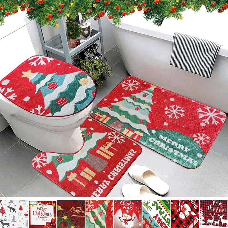 

Festive Christmas Bathroom Rug Set - Washable Absorbent Quick Dry Non-Slip Toilet Seat Cover U-Shape Decor for Winter Holiday