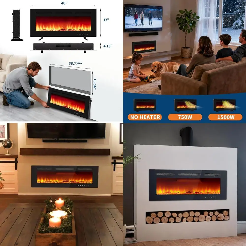 

40 ультратонких электрических каминных вставок - 1500/750 Вт, настенные, с 3 режимами нагрева, 12 цветами пламени, пультом ДУ/таймером, сенсорным экраном