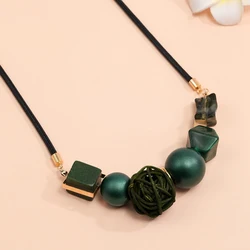 Women Vintage Acrylic Beaded Necklace with Woven Rattan Ball Pendant
