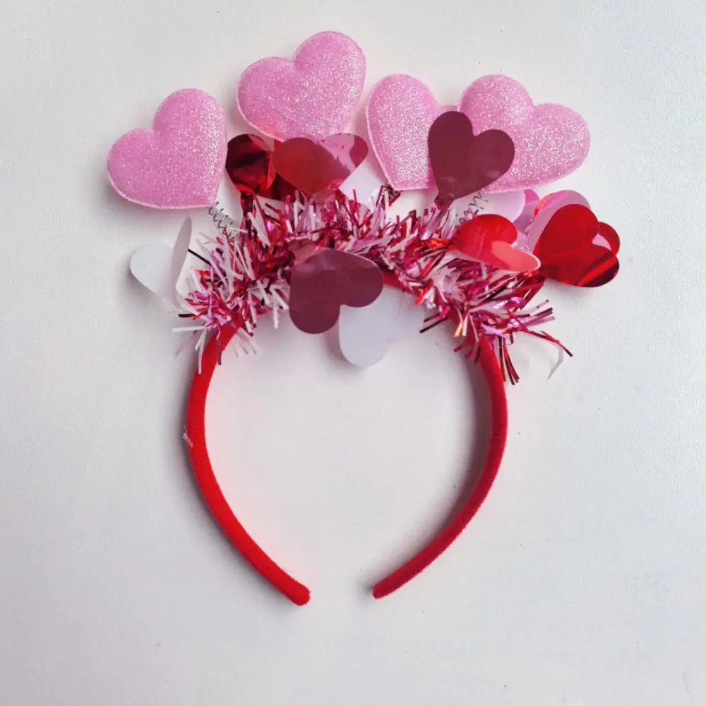 Valentines Day Glitter Heart Headbands Red/Pink Love- shaped Tinsel Love Hair Hoops Multi-purpose Sweet Festival Heart Headdress