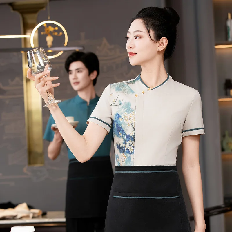 

Tea House Hot Pot Restaurant Waiter Work Uniform Short Sleeve Women Hotel Chinese Restaurant Banquet Hall Summer Outfit Men