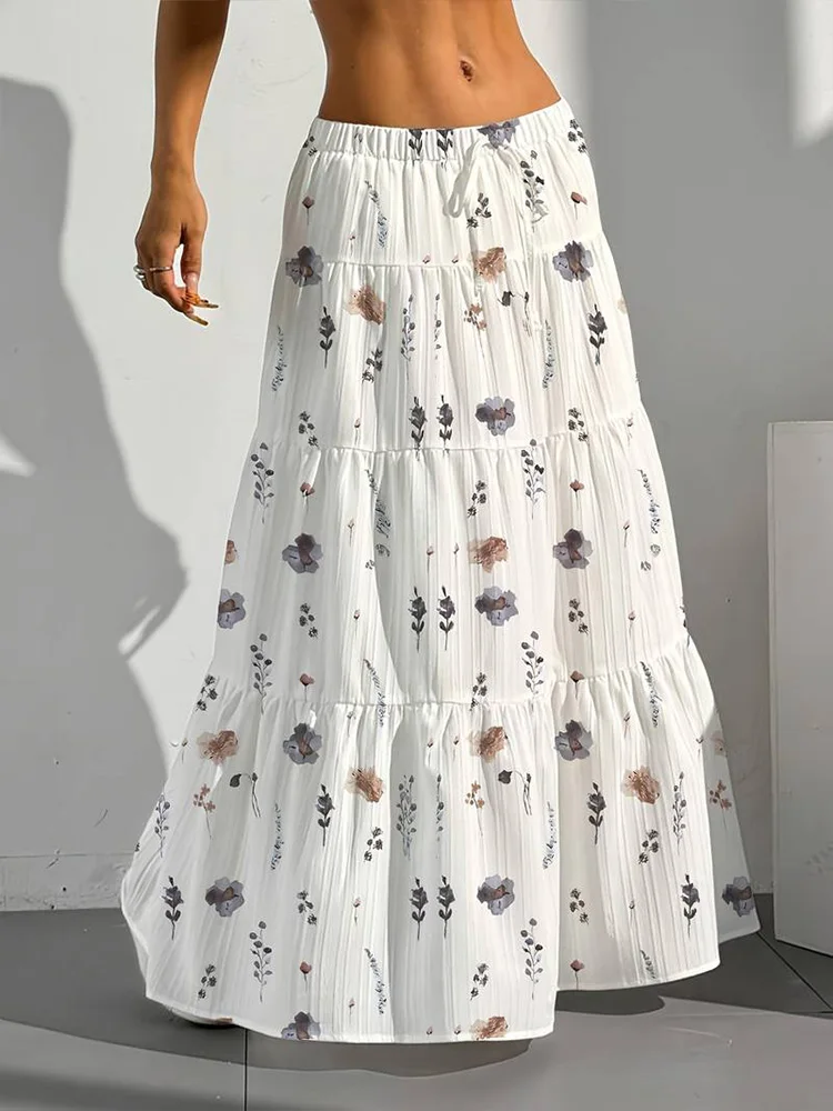 

White floral layered large swing half skirt layered long skirt - elegant and casual, spring and autumn women's clothing