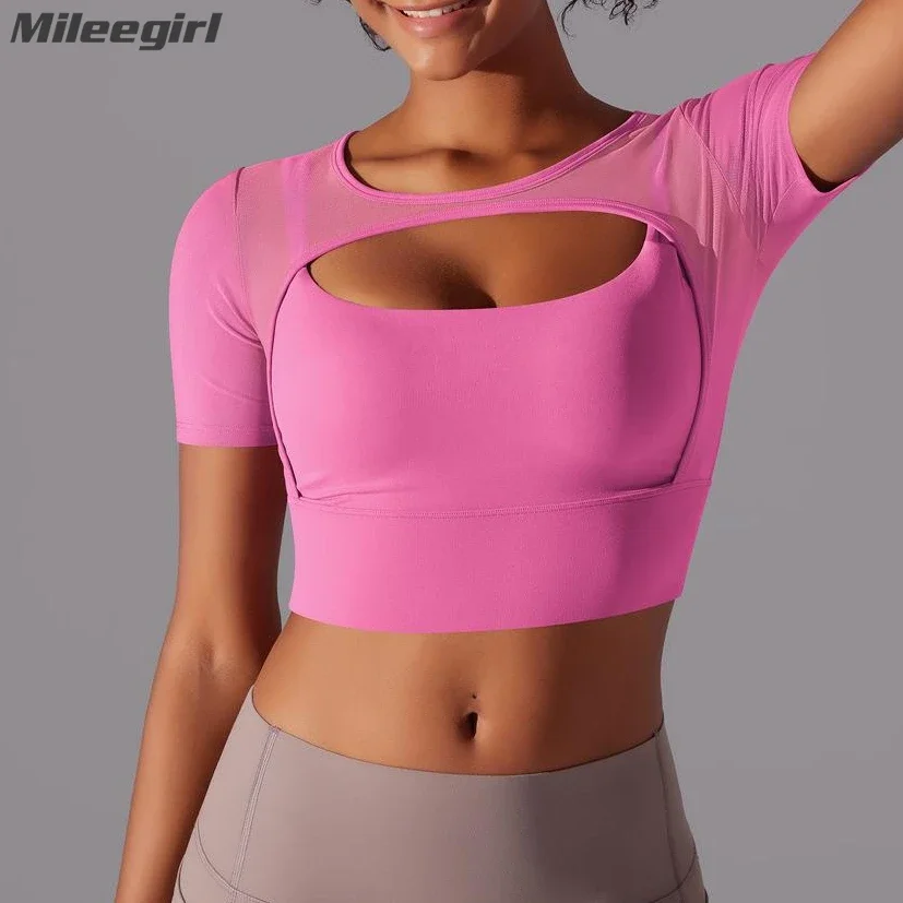 Mileegirl Sports Shirts Breathable Workout Tops Fitness Sportswear Female Yoga Clothing Sport Crop Tops Women Gym Top