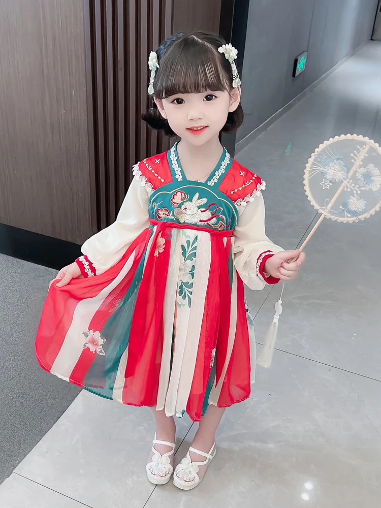 Children's Hanfu Dress Long sleeved  Girls' Ancient Costume Super Fairy Embroidered Improved Ru Skirt Chinese Style Tang Dress