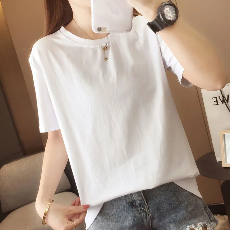 2024 New Fashion Summer sexy Blouse Women White O Neck Solid Casual Short Sleeve Cotton Ladies Tops Shirts  6000