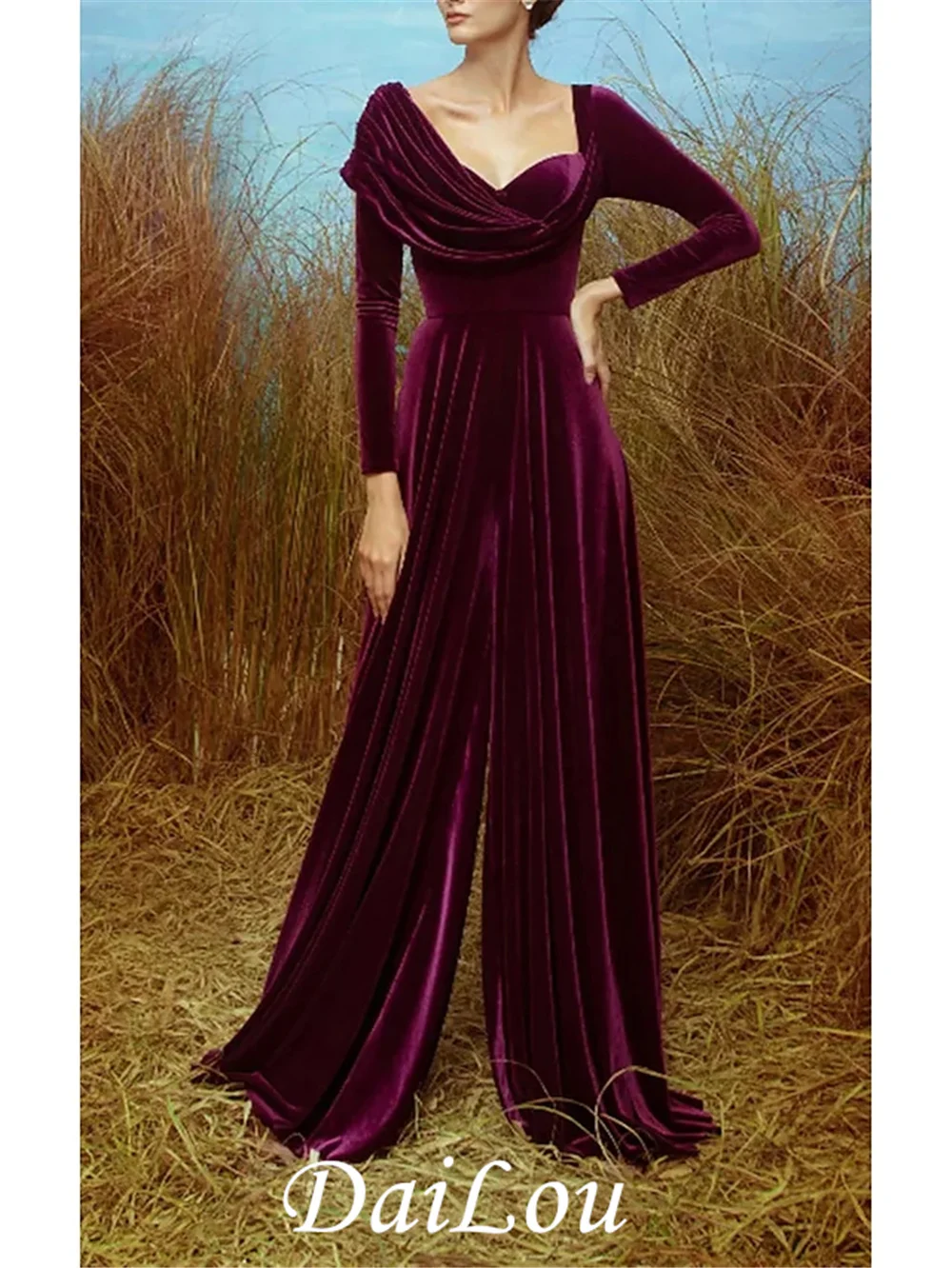 

Jumpsuits Minimalist Elegant Wedding Guest Formal Evening Dress Sweetheart Neckline V Back Long Sleeve Velvet with Pleats Slit