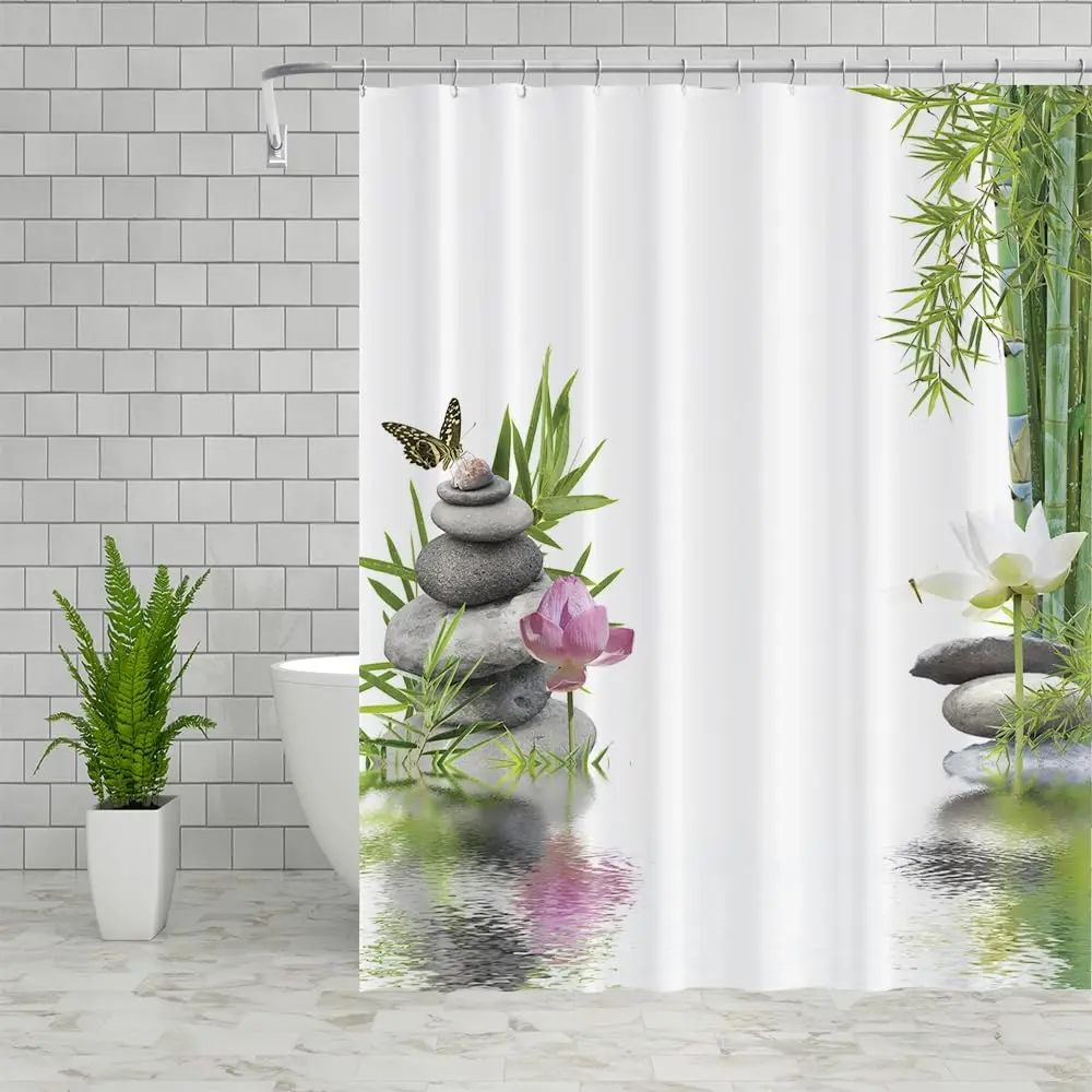 Spring Landscape Shower Curtains Green Bamboo Lotus Butterfly Dragonfly Japanese Meditation SPA Themed Bathroom Decor Polyester