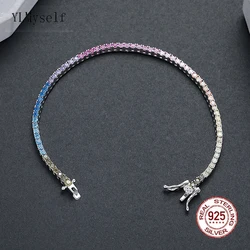 Real 925 Silver Tennis Bracelet 2 mm Rainbow Cubic Zircon Solid Fine Jewelry Colorful Chain For Women