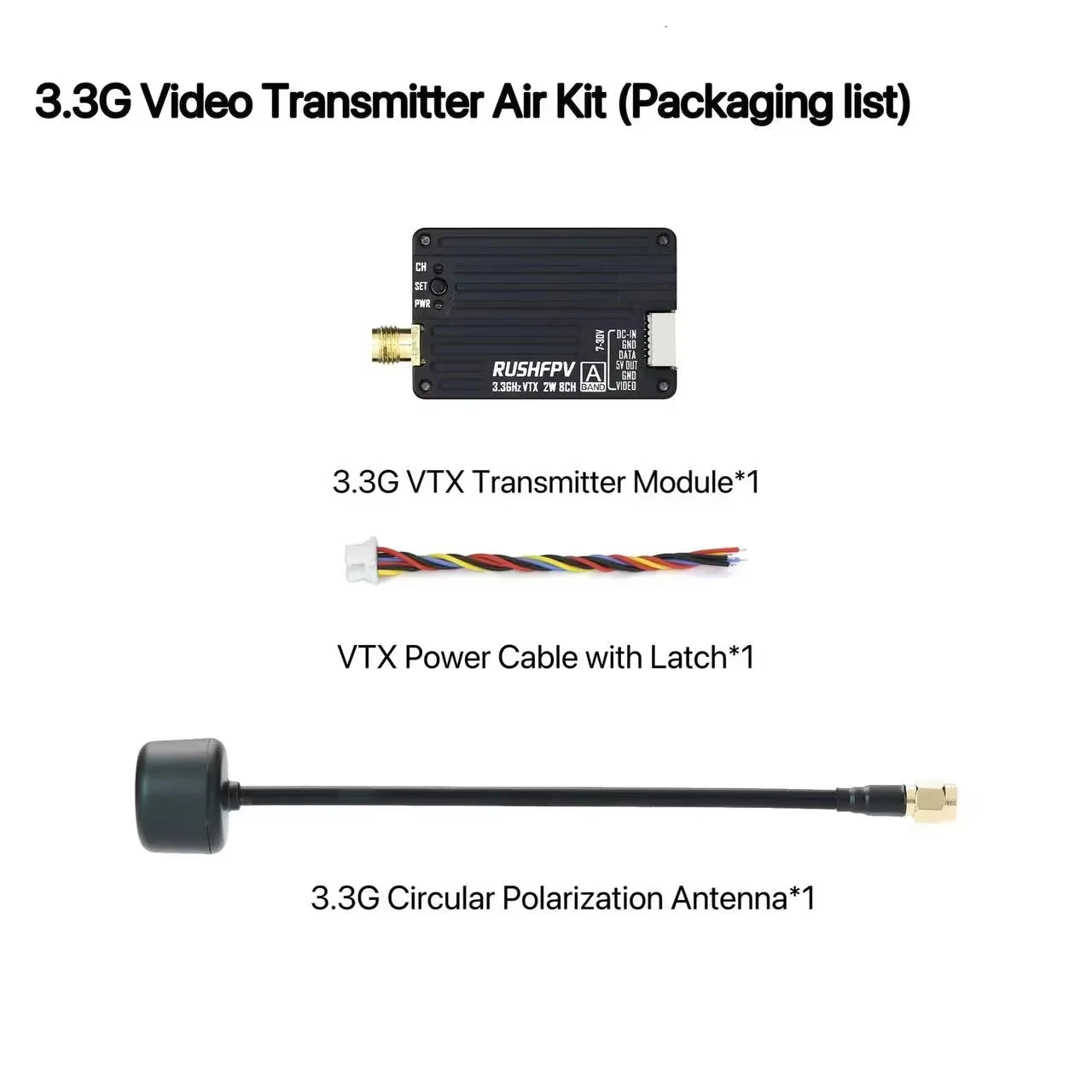 RUSHFPV 3.3G 2W VTX Kit 2W Video Transmitter DVR Module FPV VTX for Long Rang RC Racer Drone