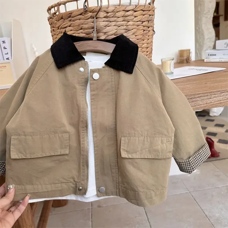 Fashion Spring Autumn Baby Boys Coats Simple Brown Zipper Jackets Trenchs Patchwork Outwears Kids Clothes