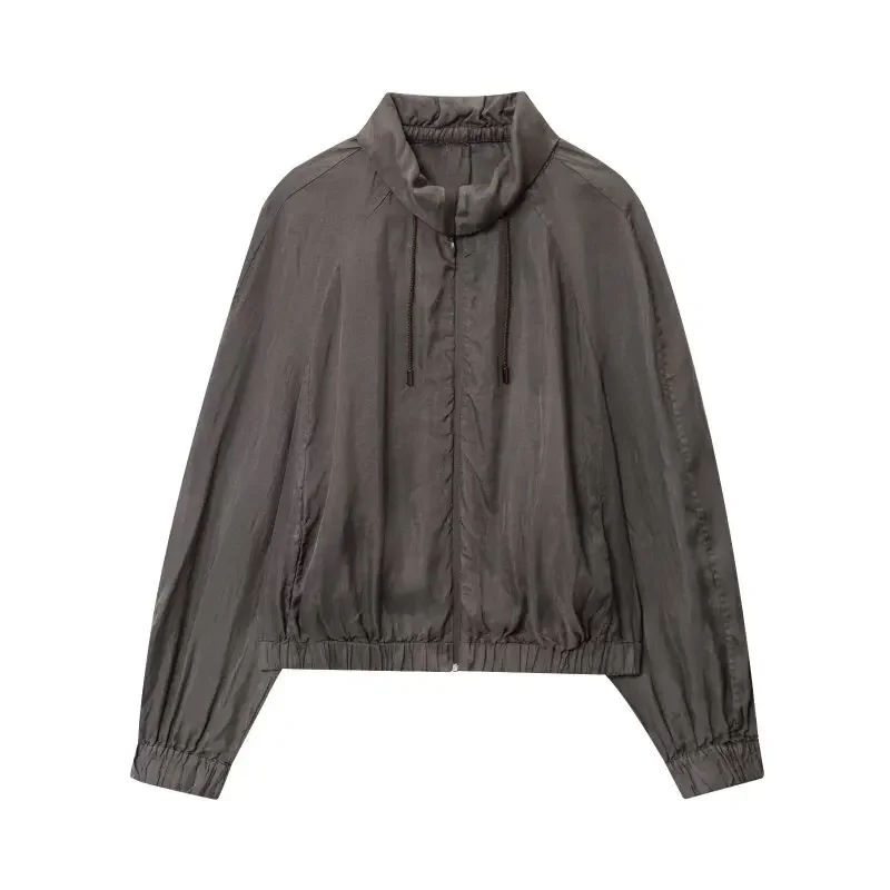 

Vintage Pilot Jacket Elegant Lady Warm Zipper Coat Fashionable Full Sleeves Loose Half-high Collar Pocket Streetwear Top