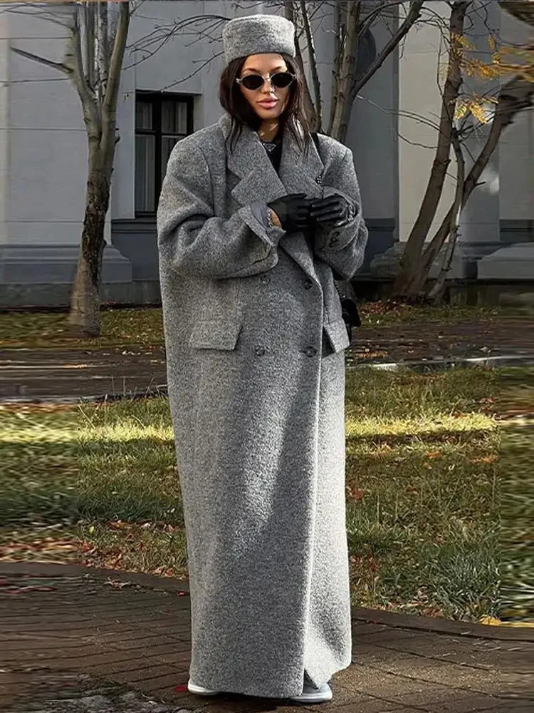 

ZBZA Women Elegant Double-breasted Coat Suit Collar Long Sleeve Solid Retro Hem Slit Faux Woolen Overcoat Fall Winter Chic Coat
