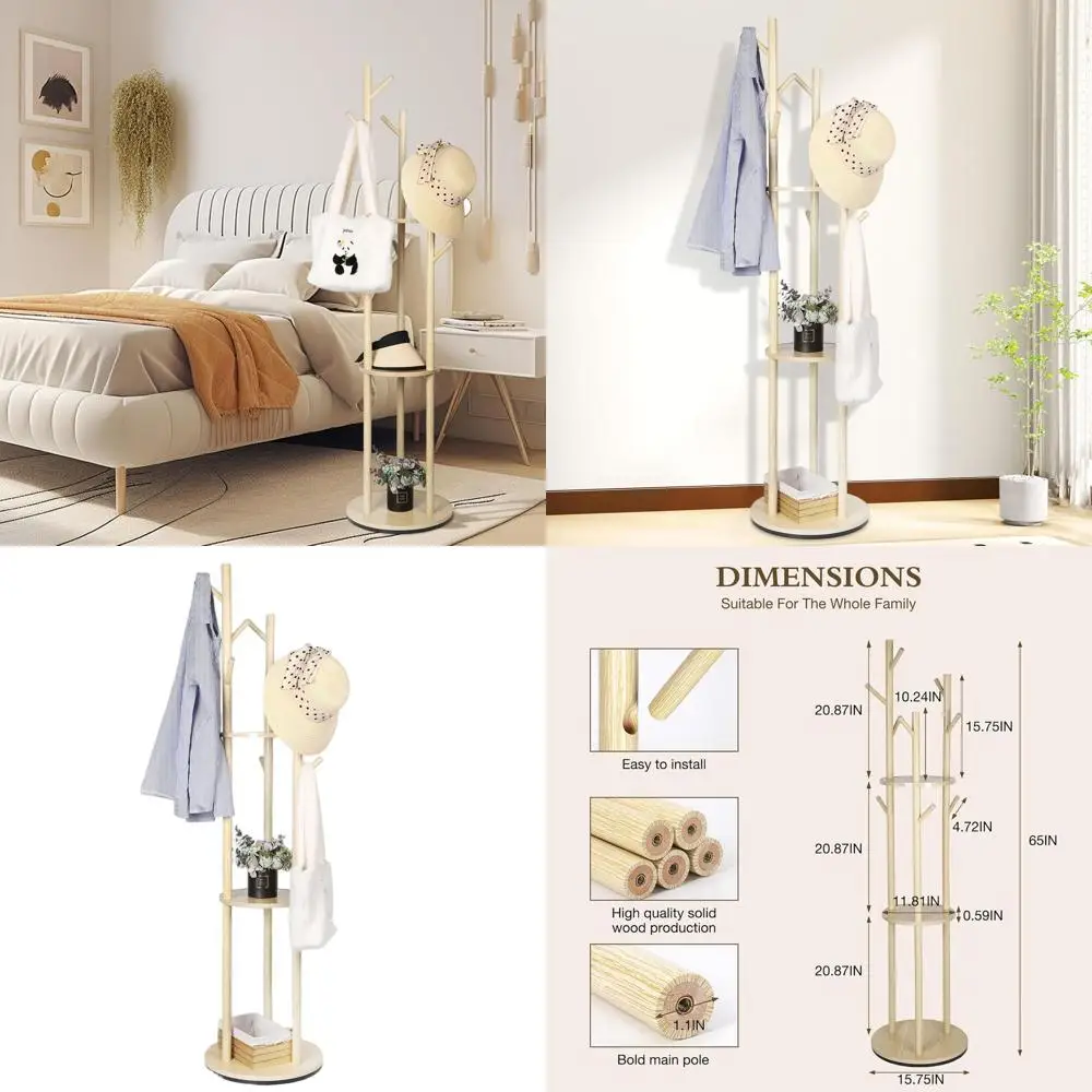 

3-х уровневая деревянная вешалка с 9 крючками, отдельно стоящая для дома, вмещает одежду и аксессуары - натуральная отделка