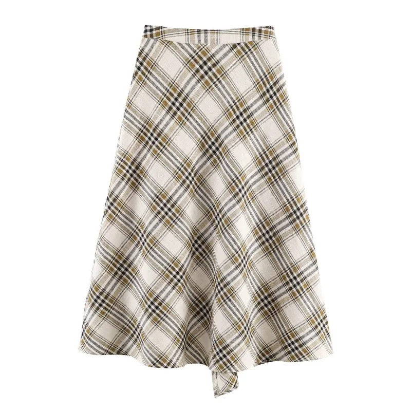 Summer Asymmetric Plaid Midi Skirt for Women Side Zipper Vintage Casual Split Half Skirt Female 2026 New