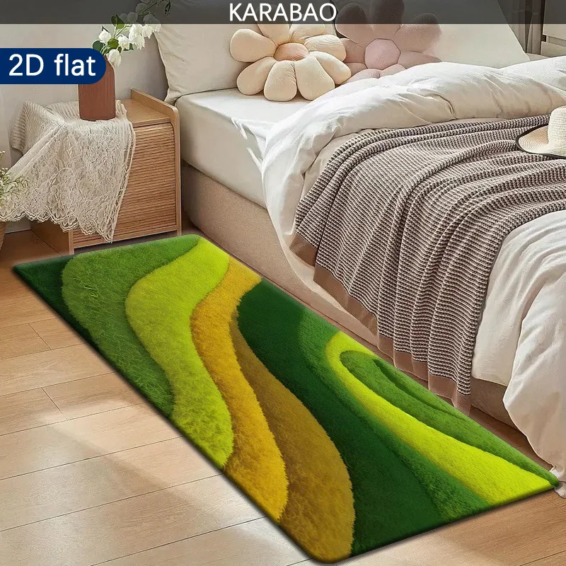 Soft Flock Green Yellow Gradient Wave Runner Rug, Non-Slip Mat for Bedroom Hallway Bathroom Daily Minimalist Holiday Home Decor