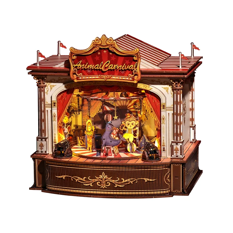 CUTEBEE DIY Miniatur-Haus-Set, Spieluhr aus Holz, handgefertigt, Puppenhaus, Tier, Karneval, für Bücherregal, Einsatz, Heimdekoration