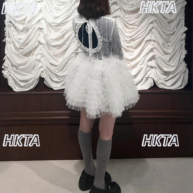 

Прозрачная футболка в японском стиле в вертикальную полоску с круглым вырезом и длинными рукавами, осенняя новая футболка с круглыми рюшами и открытой спиной, милая футболка, топ