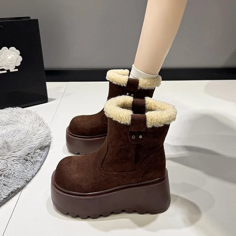 2026 سميكة القاع الدافئة المضادة للانزلاق القطن الثلوج الأحذية النسائية الشتاء عالية الكعب صوف مبطن الجوارب عدم الانزلاق المطاط وحيد حذاء من الجلد