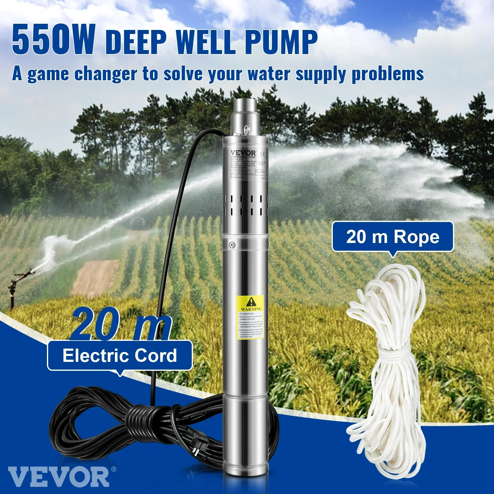 VEVOR Deep Well Submersible Pump 550W 230V/50Hz 35L/min Stainless Steel Water Pumps for Industrial, Irrigation Use, Discount