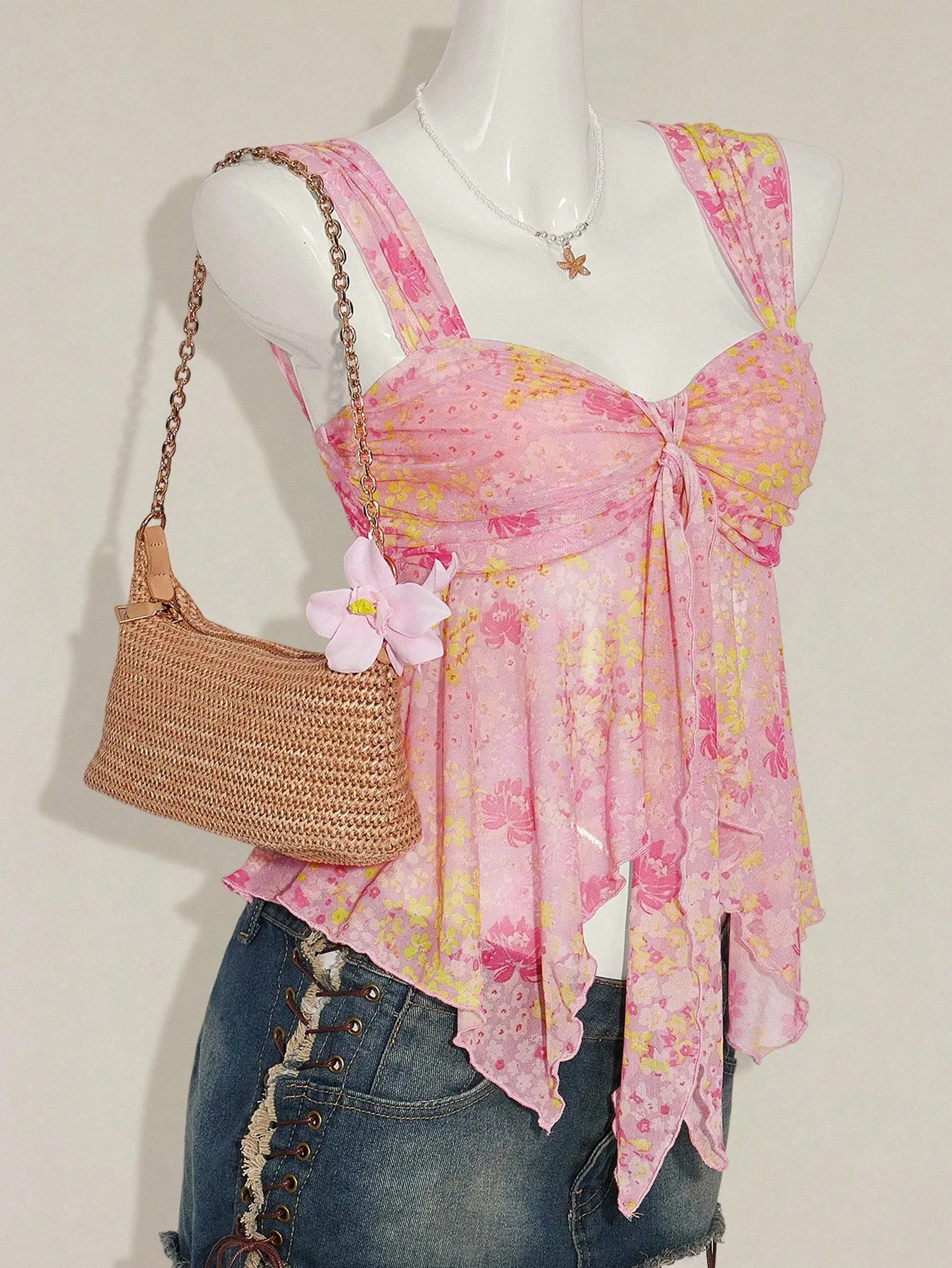 

Розовая блузка с асимметричным подолом и завязками спереди, с цветочным принтом, летне-осенний милый женский топ