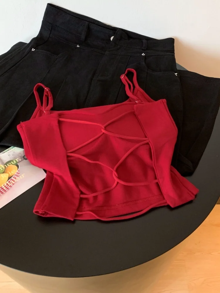 

Summer New Style Women's Hollow out Cross Back Tank Top with Chest Pad Spicy Girl Strap Vest Korean Version Slim Fit Commute ...