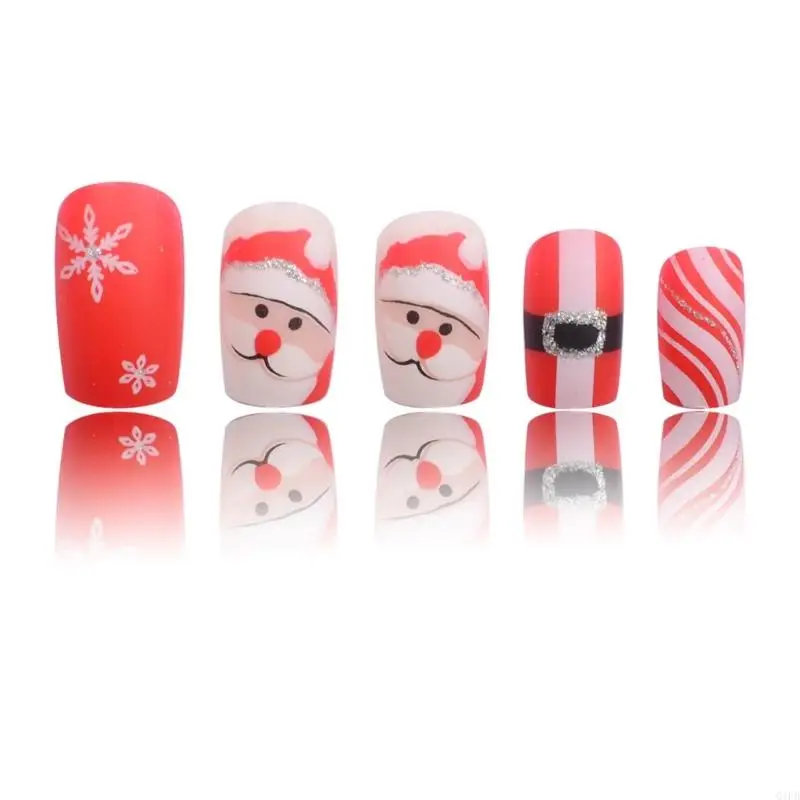 Q1FB 24 Pcs Santa Full Cover on Nails Artificial Nails Winter False Nails Square Press On Nails for Women Girls