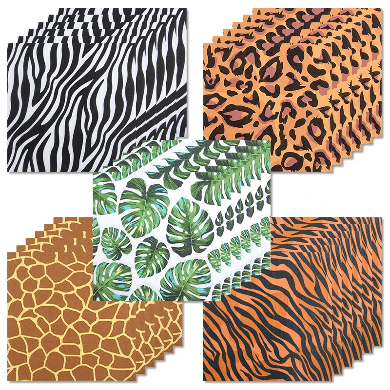 

20 Sheets Jungle Animal Napkins Palm Leaf Safari Leopard Zebra Paper Napkin For Wild One Birthday Hawaii Party Decor Baby Shower