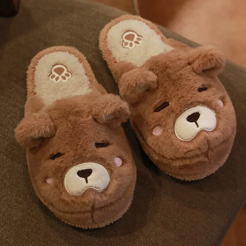 Cartoon Bear Slipper for Women Winter Indoor Warm Faux Fur Shoes Flip Flops Cute Animals Plush Platform Ladies Home Slippers