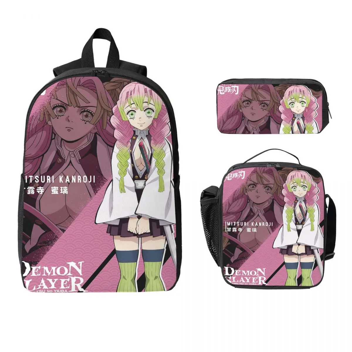 

Mitsuri Kanroji And Iguro Obanai Backpack Student Boy Girls BookBag School Bag Shoulder Bags 3ps Insulated Lunch Bag Pencil Case
