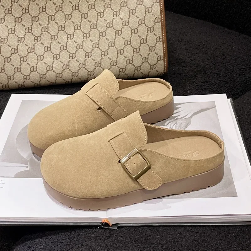 النساء الخريف والشتاء شقة الجلد المدبوغ عدم الانزلاق غطاء ارتداء بلون الرجعية نمط المنزل في الهواء الطلق عارضة المشي نصف النعال #3