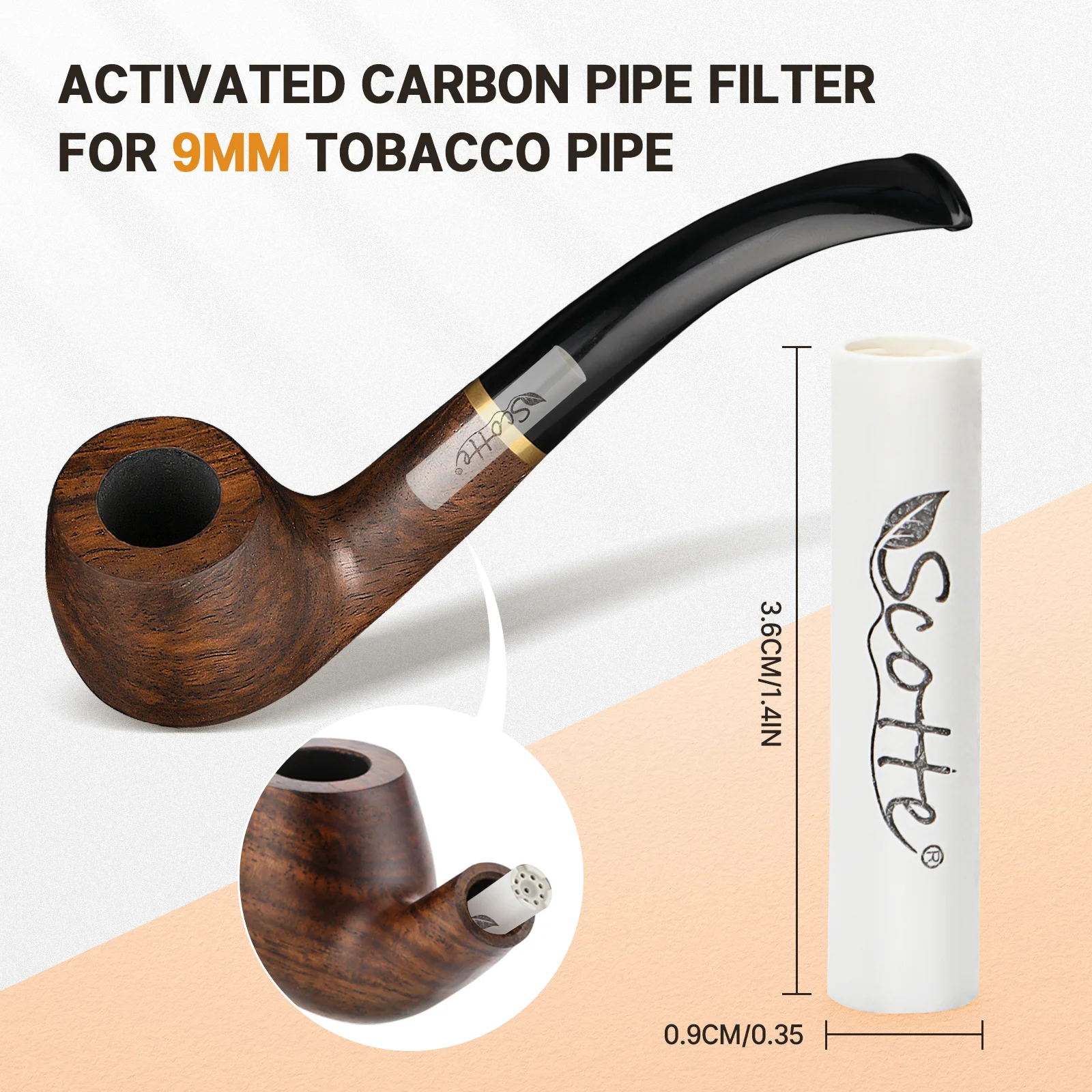 Scotte Pipe Filters 9mm Activated Carbon Tobacco Pipe Filter with Dual Ceramic Cap 100 pcs Filter Core for Pipe Smoking