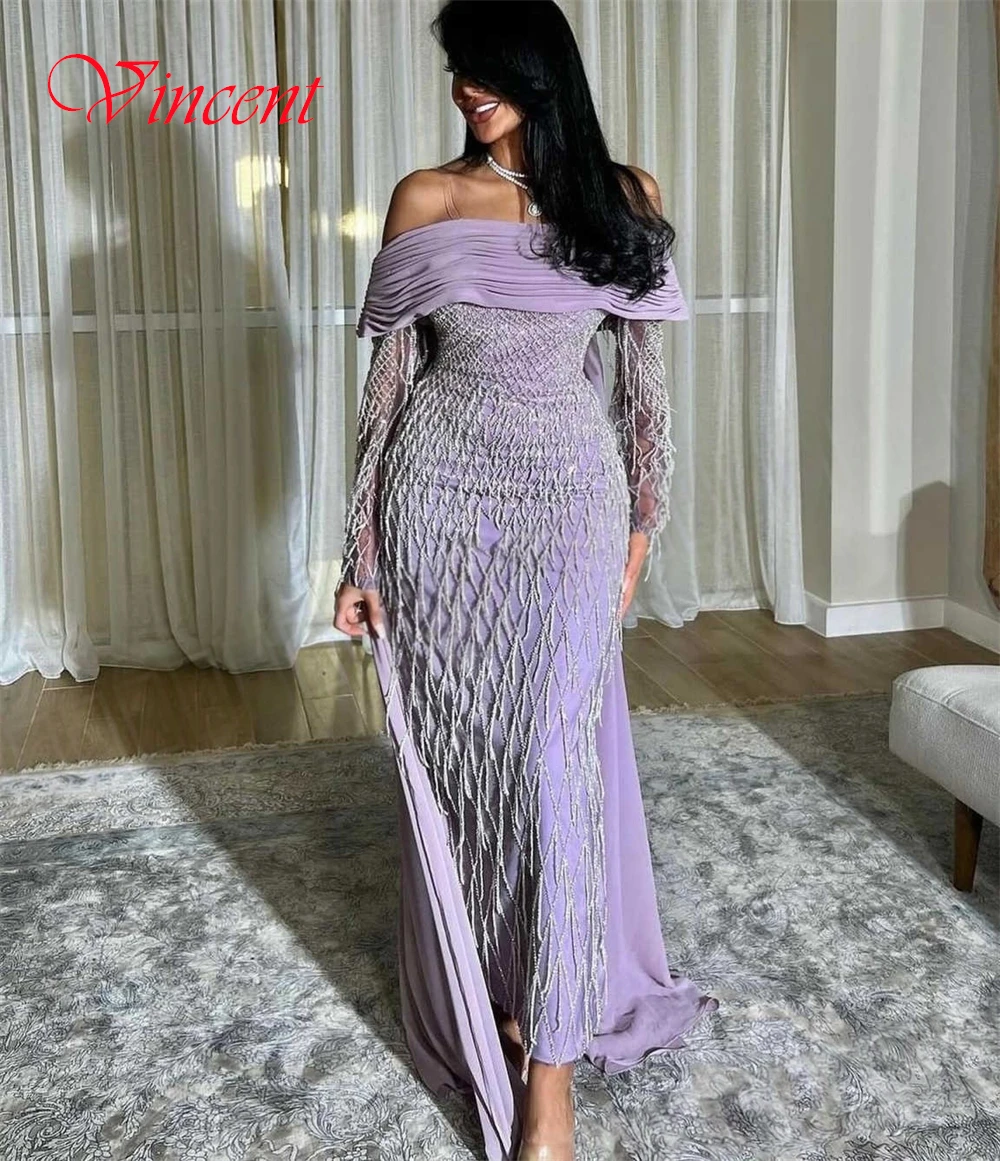 

Customized Graceful Purple Jersey Evening Dress Formal Boat Neck Long Sleeves Celebrity Gowns Delicate Tassel Beading Prom Dress
