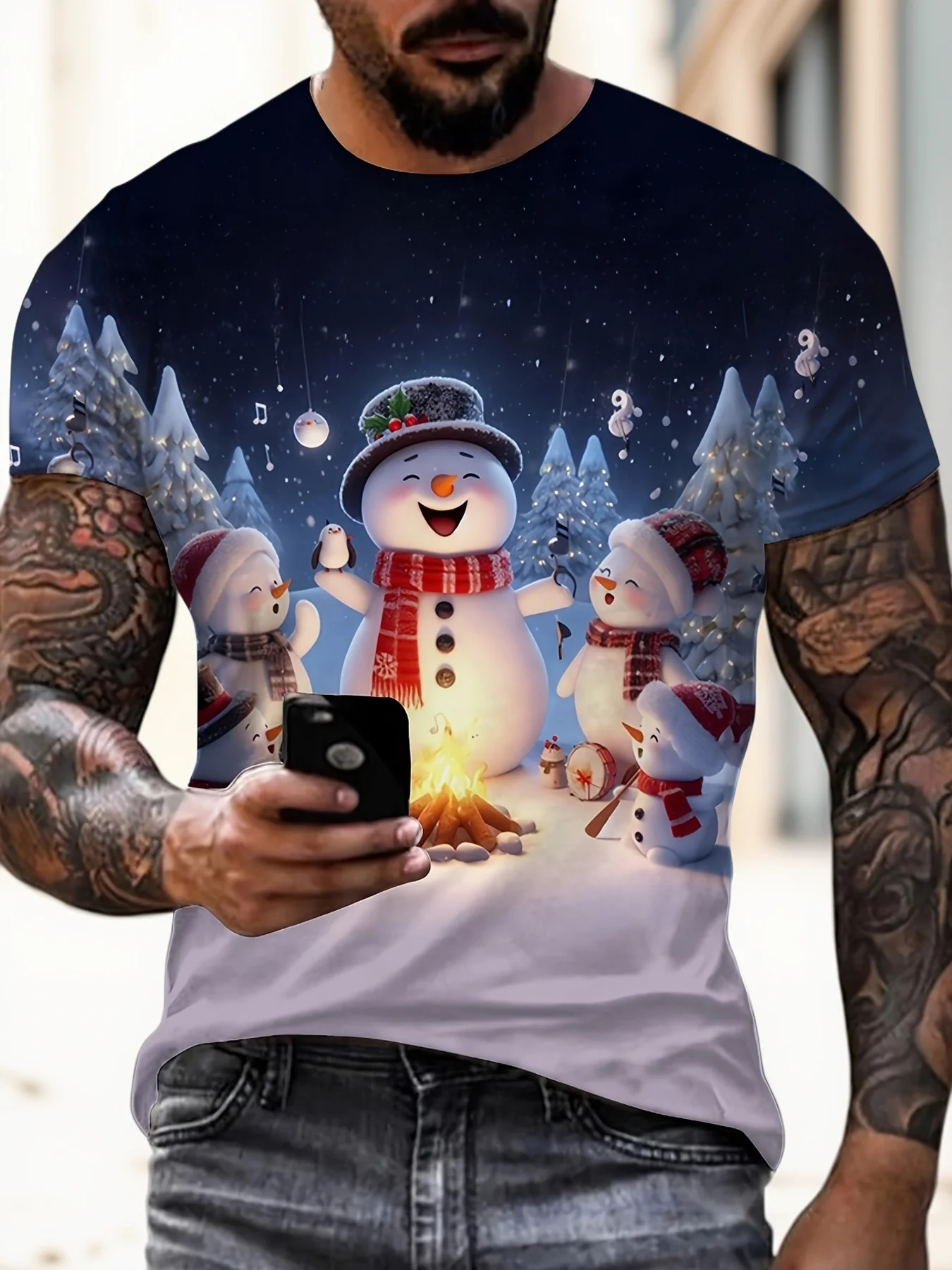 تي شيرت رجالي مطبوع عليه رجل الثلج لعيد الميلاد كاجوال قابل للتمدد قليلاً وقابل للتنفس للاستخدام الخارجي للجنسين ملابس للبالغين وحفلات العطلات