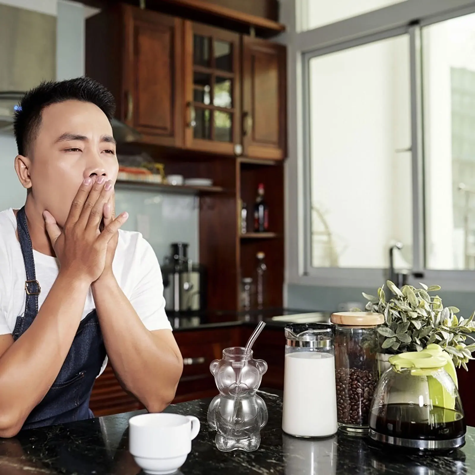 

1Set Adorable Cartoon Bear Shape Glass Cup 320ml Capacity Stylish Creative Design Multi Purpose Home Office Party Use