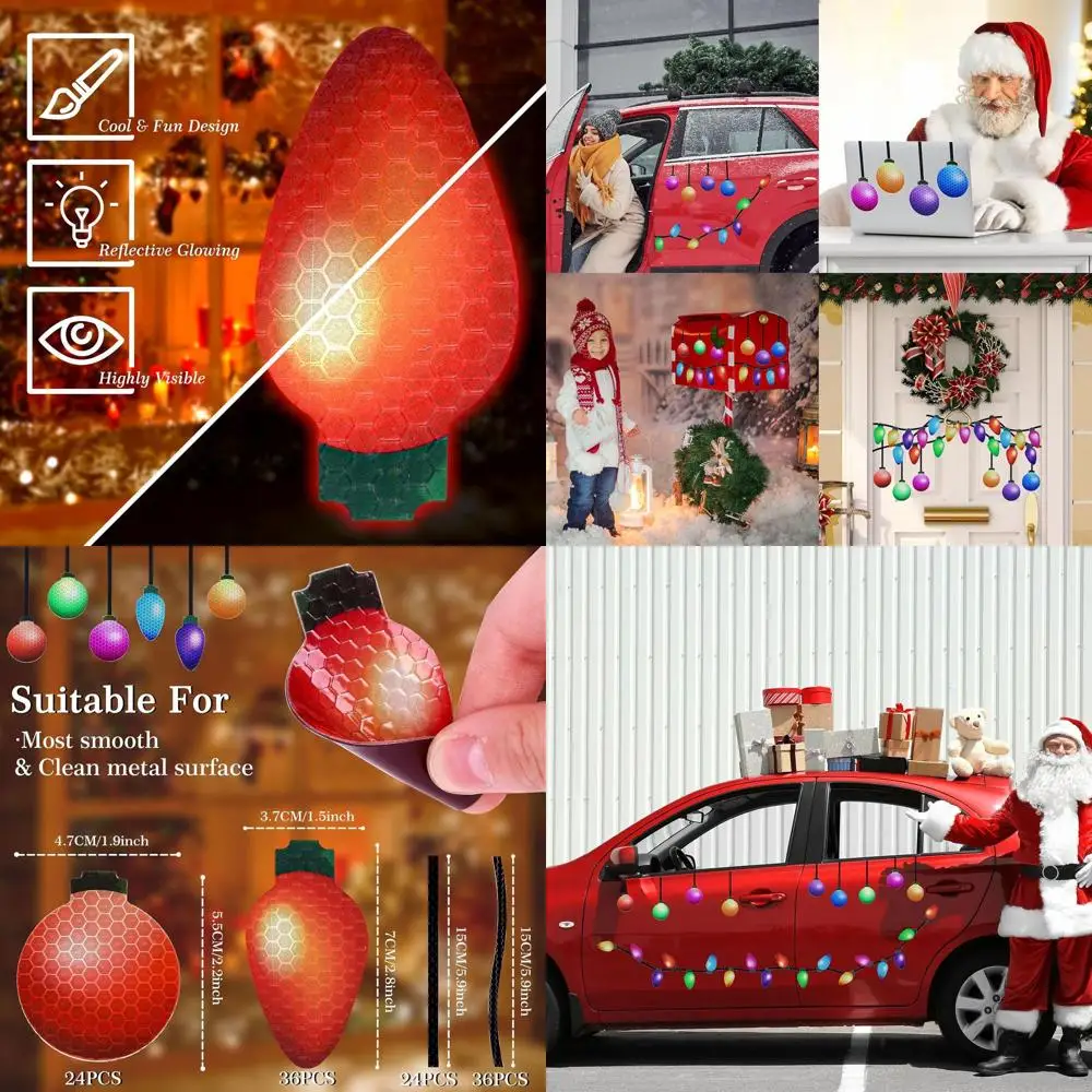 Juego de imanes reflectantes navideños para coche, 120 Uds., 36 bombillas de colores, imanes, 24 bolas coloridas con 60 líneas negras, imán para refrigerador