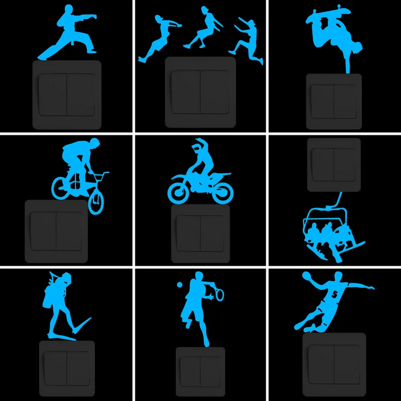 Cartoon Sport DIY Wall Switch Stickers Glow in the Dark Taekwondo/Parkour/Skateboard/Biking/Motocross/Ski/Diver/Tennis/Handball