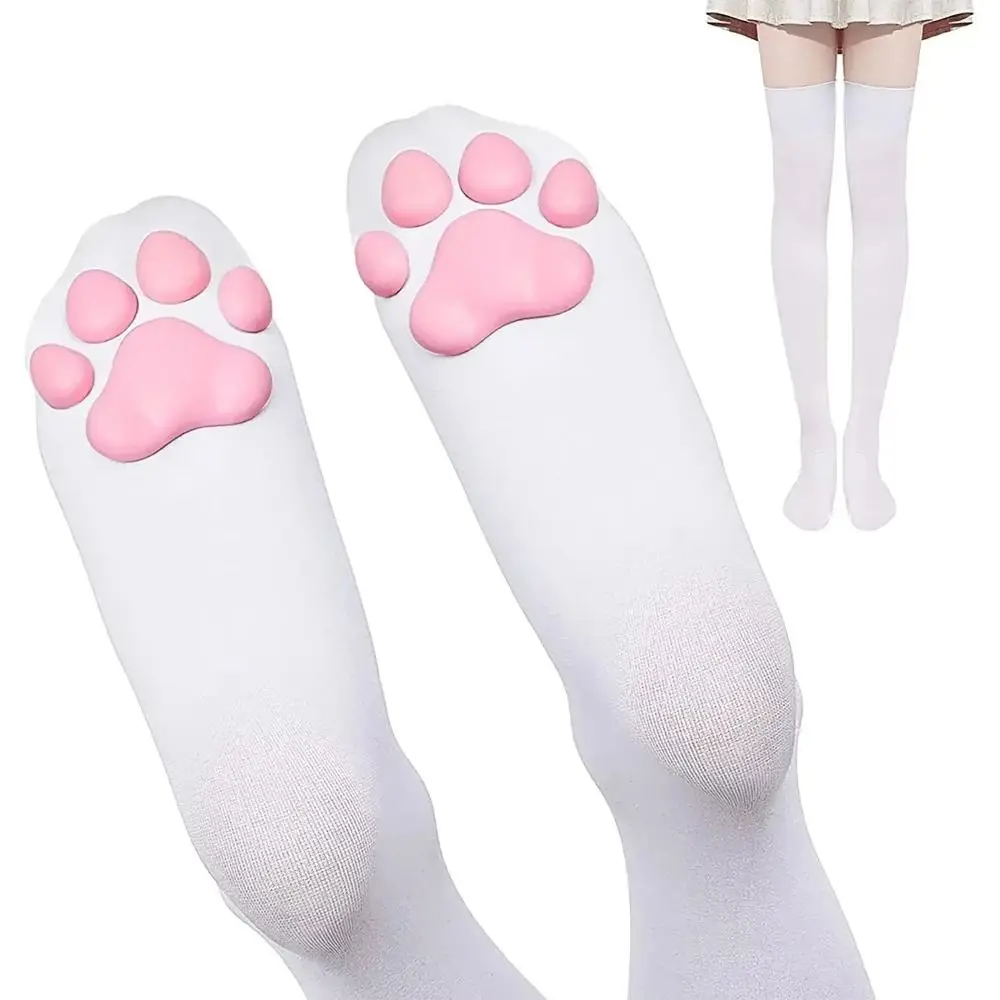 1 Pair Semi Sheer Cat Paw Stockings Soft Paw Pads Cat Paw Pattern Over Knee Socks Harajuku Style Stretchy Fabric