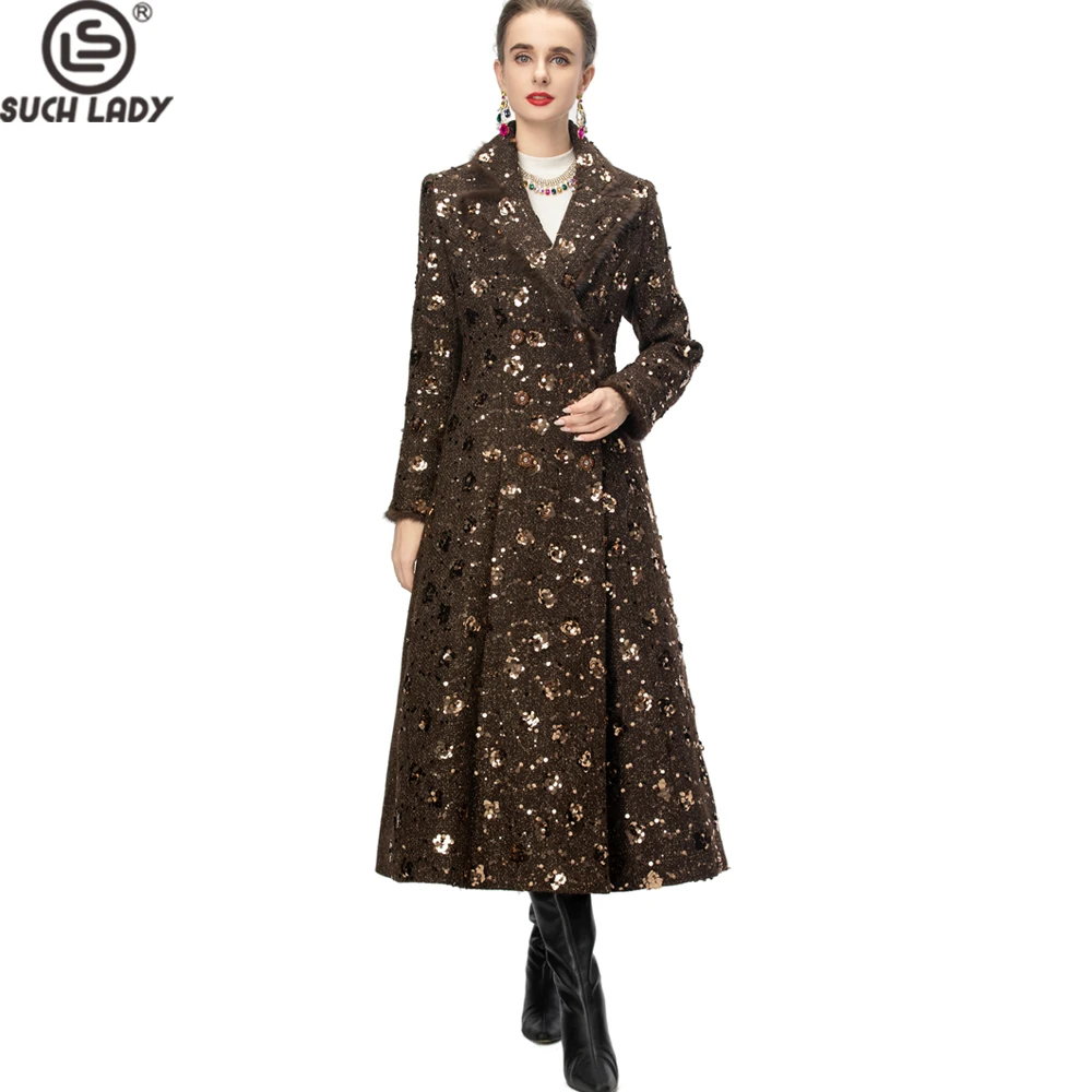 

Роскошное женское длинное пальто с блестками и меховой отделкой, элегантное двубортное зимнее пальто, блестящая верхняя одежда с блестками