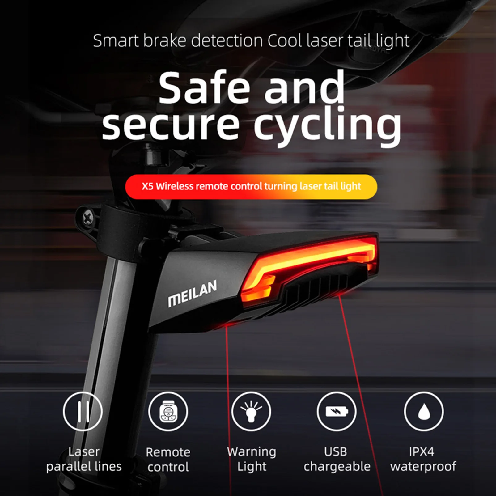 Meilan X5 Bicycle Rear Light Bike Remote Wireless Light Turn Signal LED Beam USB Chargeable Cycle Tail Light